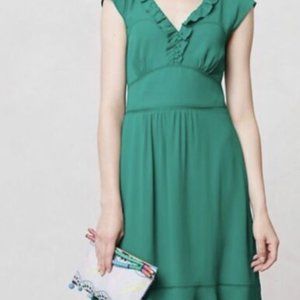 Anthropologie Maeve Pindot Green Ruffle Dress Solid Green Women’s Size 10.
